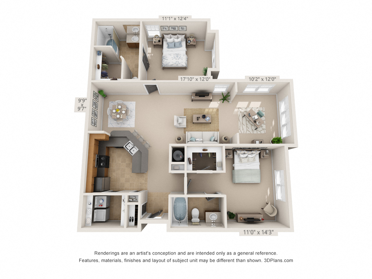 Floor plan for 2 beds, 2 baths, 1321 sqft